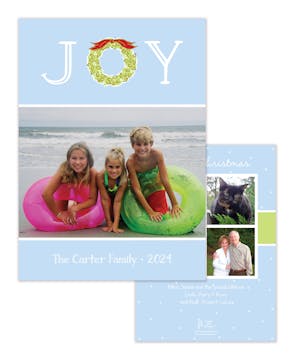 Joy Wreath Light Blue Flat Holiday Photo Card