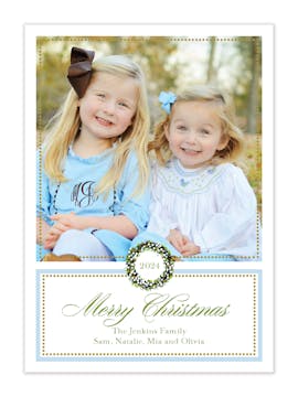 Classic Dot Border Blue And Gold Holiday Flat Photo Card