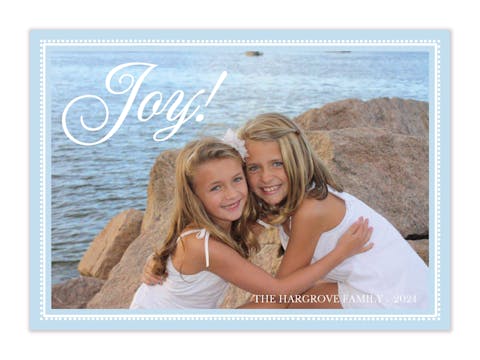 Joy On Beaded Border Light Blue Horizontal Holiday Flat Photo Card