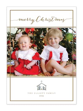 Simple White & Gold Border Flat Photo Holiday Card