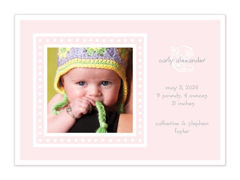White Dotted Border Pink Flat Photo Birth Announcement