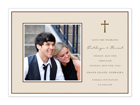 Classic Edge White & Chocolate On Latte Flat Photo Save The Date Card
