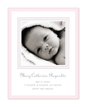 Dotted Border Pink & Silver Flat Photo Birth Announcement
