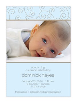 Modern Swirls Tall Baby Blue Boy Photo Birth Announcement