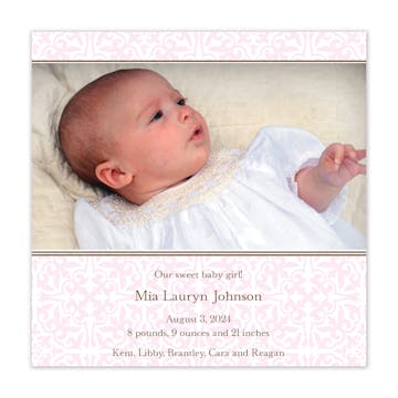 Pretty Pattern Baby Pink Girl Photo Square Birth Announcement