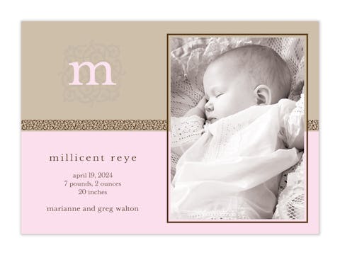Ivy League Pink Girl Photo Birth Announcement