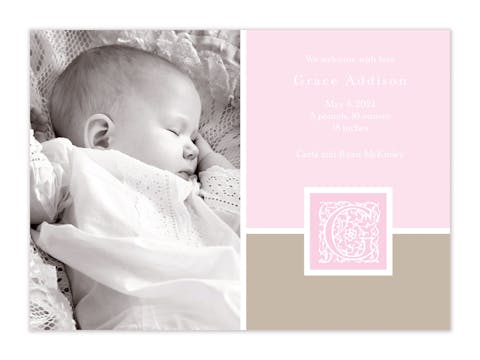 Initial Frame Pink Girl Photo Birth Announcement