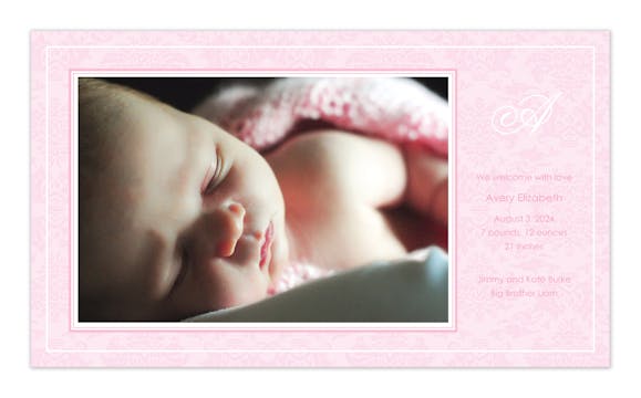 Baby Damask Baby Pink Girl Photo Birth Announcement