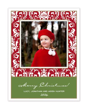 Damask Red & Green Christmas Flat Photo Card