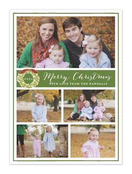 Flat Photo Collage With Wreath Dark Green Flat Photo Holiday Card