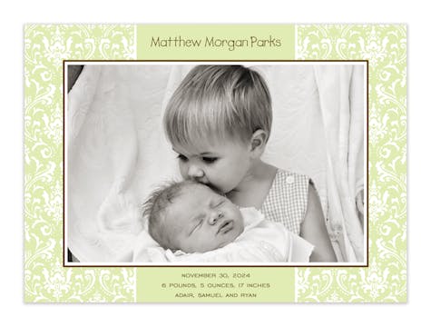 Damask Lime Print & Apply Flat Photo Birth Announcement