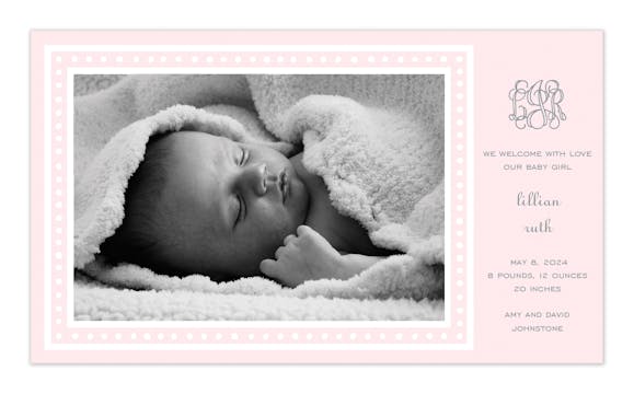 White Dotted Border Pink Print & Apply Flat Photo Birth Announcement