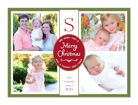 Flat Photo Collage Dark Red, Green And Gold Flat Photo Holiday Card