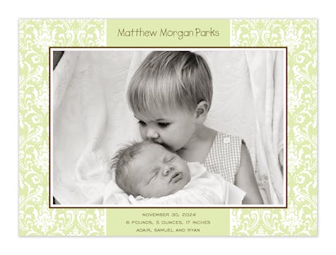 Damask Lime Flat Photo Birth Announcement