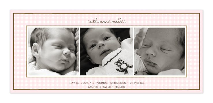 Gingham Pink Flat Photo Birth Announcement