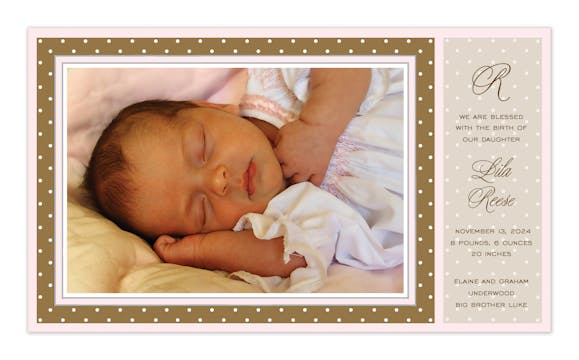 Dotted Frame Chocolate Flat Photo Birth Announcement