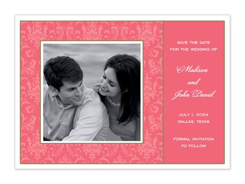 Damask Coral On Coral Flat Photo Save The Date Card