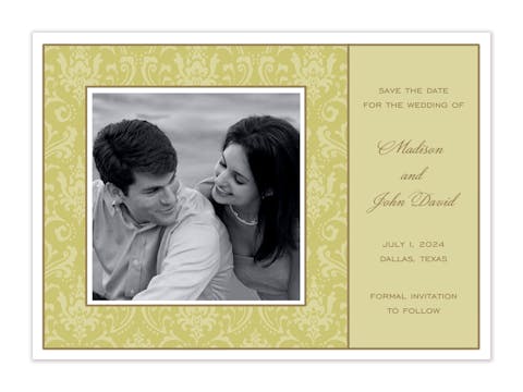 Damask Olive On Olive Flat Photo Save The Date Card