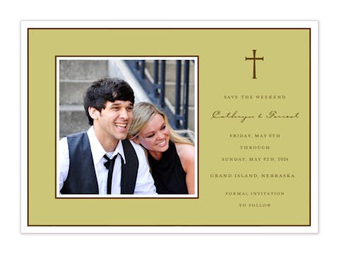 Classic Edge White & Chocolate On Olive Flat Photo Save The Date Card