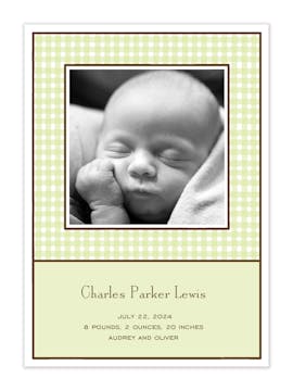 Gingham Lime Flat Photo Birth Announcement