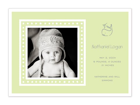 White Dotted Border Green Flat Photo Birth Announcement