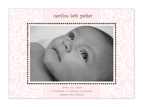 Scrollwork Pink Birth Announcement Photo Card