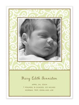 Scrollwork Lime Flat Photo Birth Announcement