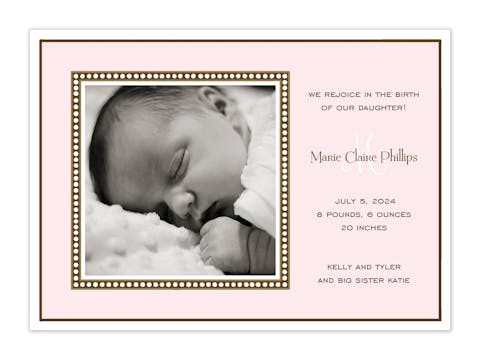 Dotted Border Pink Flat Photo Birth Announcement