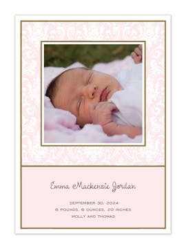 Damask Pink Flat Photo Birth Announcement