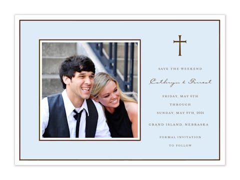 Classic Edge White & Chocolate On Blue Flat Photo Save The Date Card