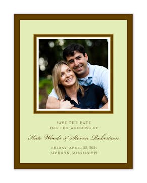 Chocolate & Gold Border On Lime Flat Photo Save The Date Card