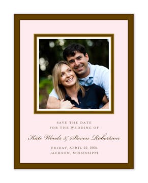 Chocolate & Gold Border On Pink Flat Photo Save The Date Card