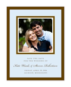 Chocolate & Gold Border On Blue Flat Photo Save The Date Card