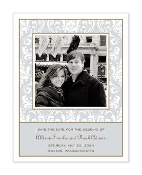 Damask Silver & Gold Flat Photo Save The Date Card