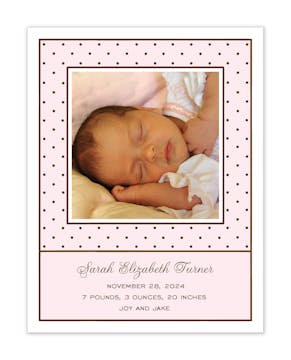 Tiny Dots Pink & Chocolate Flat Photo Birth Announcement