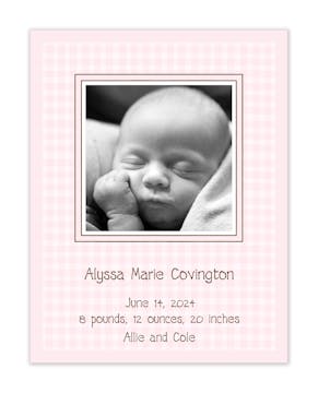 Gingham Pink Flat Photo Birth Announcement
