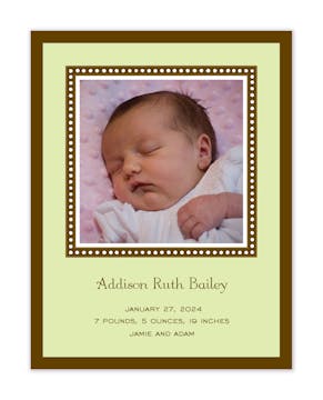 Dotted Border Lime & Chocolate Flat Photo Birth Announcement
