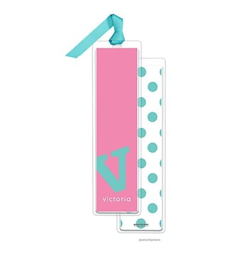 Alphabet Tall Bookmark - Turquoise on Bubblegum with Turquoise Ribbon