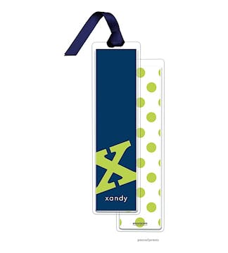 Alphabet Tall Bookmark - Chartreuse on Navy with Navy Ribbon