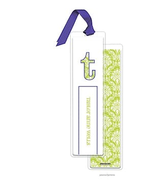 Damask Chartreuse Tall Bookmark with Light Purple Ribbon