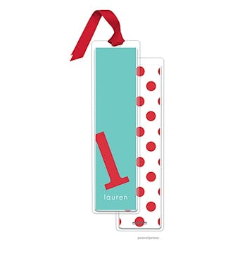 Alphabet Tall Bookmark - Poppy on Turquoise with Red Ribbon