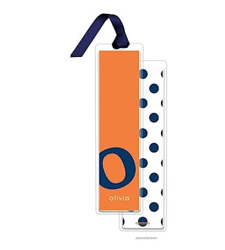 Alphabet Tall Bookmark - Navy on Tangerine with Navy Ribbon