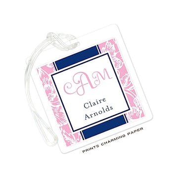 Pink Floral Damask on Navy ID Tag 