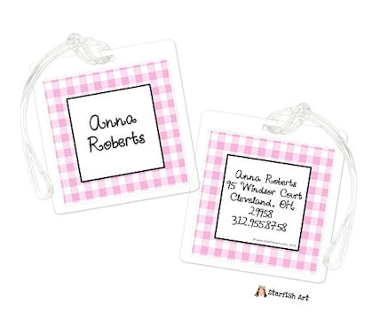 Pink Gingham Square ID Tag