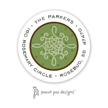 Damask & Dots Green & Chocolate Round Address Sticker