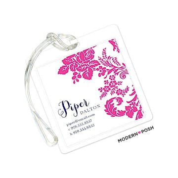 Pink Flourish Posh with Navy Ink ID Tag