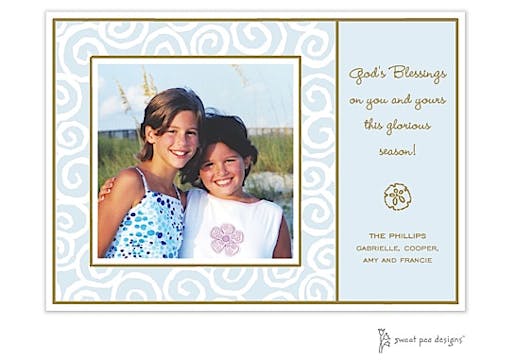 Swirls Blue & Gold Holiday Flat Photo Card